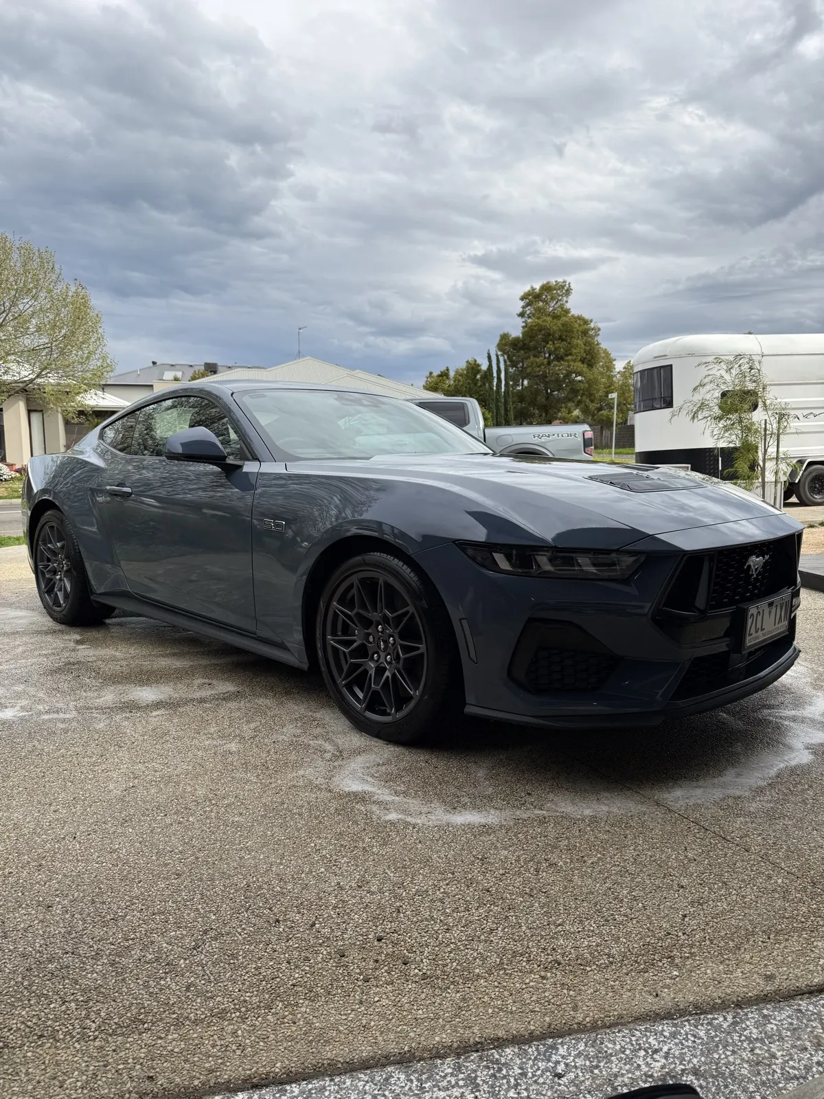 Dark grey Ford Mustang GT freshly detailed under open sky